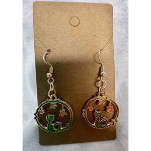 Handmade Green And Pink Circular Cat And Star Earrings